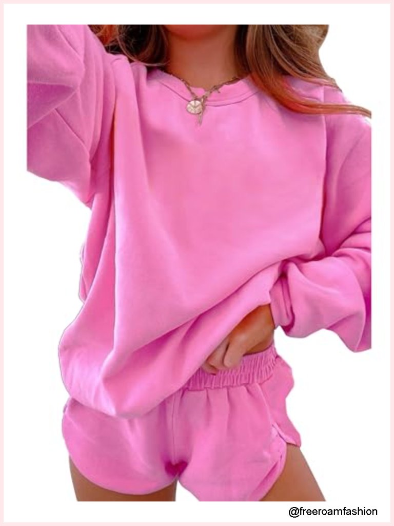 Women's 2 Piece Sweatsuit With Long Sleeve Crewneck & Shorts, Casual Travel Set